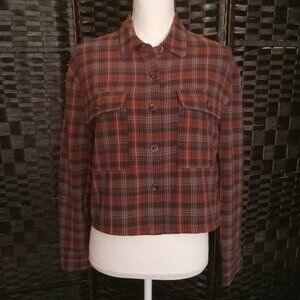 FOREVER 21 Orange Brown Black Plaid Crop Button Up Long Sleeve Top Womens Sz Med
